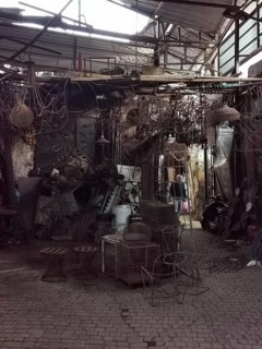 Complex network of cables and metal objects in a workshop in Medina, Morocco