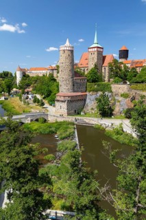 City view with Spree, Ortenburg, Alte Wasserkunst and St. Michael's Church, Bautzen, Upper Lusatia,