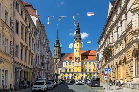 Inner Lauenstraße with St. Peter's Cathedral and Town Hall, Bautzen, Upper Lusatia, Saxony