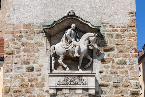 Equestrian statue of King Albert I at Lauenturm, the oldest gate tower in the city of Bautzen,