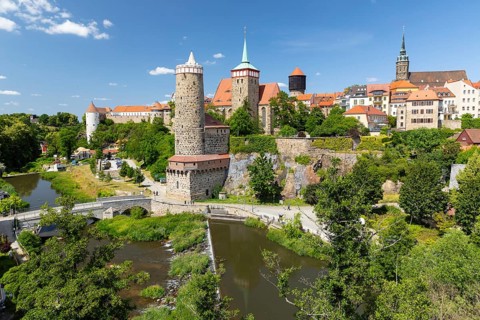 City view with Spree, Ortenburg, Alte Wasserkunst, St. Michael's Church and Cathedral, Bautzen,