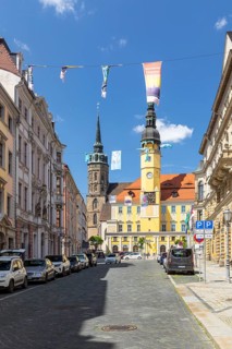 Inner Lauenstraße with St. Peter's Cathedral and Town Hall, Bautzen, Upper Lusatia, Saxony