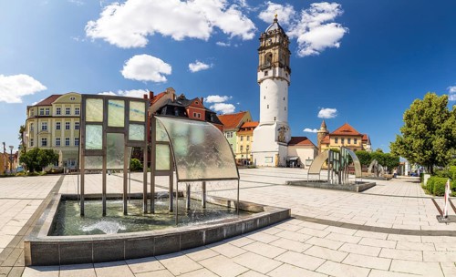 Panorma vom Kornmarkt with fountain and Reichenturm, Bautzen, Upper Lusatia, Saxony, Germany