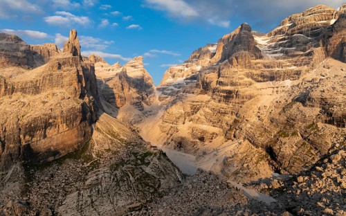 Evening at Refugio Francis Fox Tuckett, alpine panorama, aerial view, impressive mountain peaks of