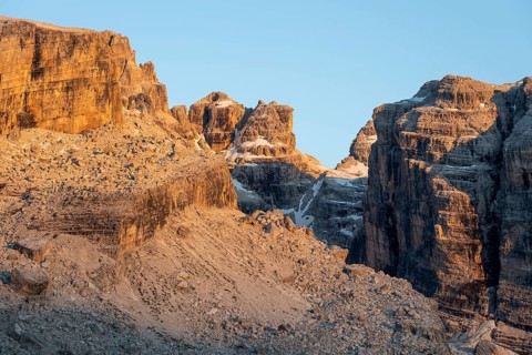 Detail, rocks and mountain peaks of the Brenta Mountains, evening mood with alpine glow, Brenta,