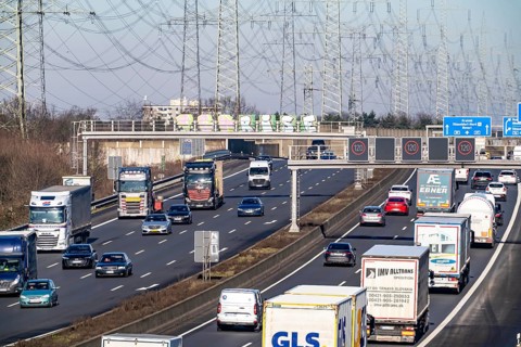 A57 motorway near Kaarst in the Rhein-Kreis Neuss, view towards Kaarst motorway junction, heavy
