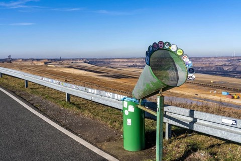 Garzweiler II coal mine, view from Jackerath viewpoint, waste bin with funnel, North