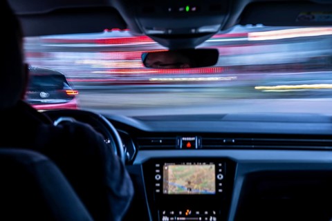 Driving in the city center, in heavy traffic, driver's perspective, Essen, North Rhine-Westphalia,