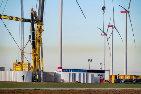 Construction site of the new Bedburg 3 wind farm, on recultivated open-cast mining site, 9 wind