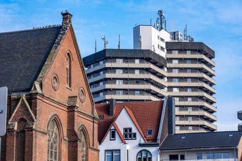 The city center of Herne, Europaplatz, evangelische Kreuzkirche, high-rise residential building,