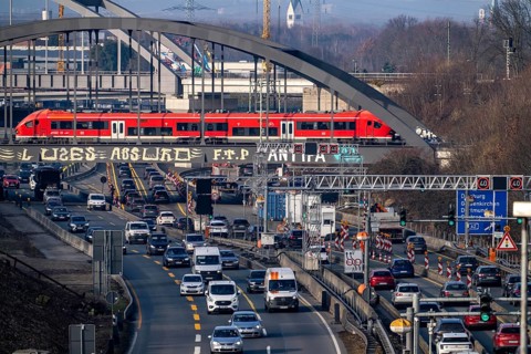 Traffic jam on the A43 motorway near Herne, heading north, in front of the barrier system, the