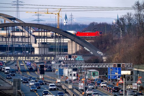 Traffic jam on the A43 motorway near Herne, heading north, in front of the barrier system, the