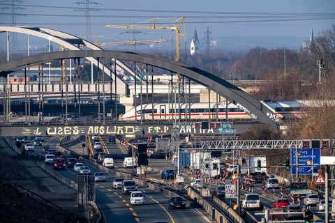 Traffic jam on the A43 motorway near Herne, heading north, in front of the barrier system, the