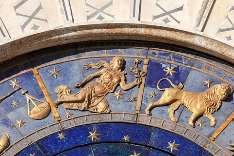 The astrological clock with moon phases and zodiac signs and lapis lazuli dial, in St. Mark's