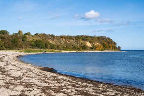 Beach and cliffs, people on the beach, autumn, Lobbe, Mönchgut, Rügen, island, Baltic Sea,