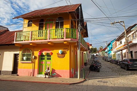 Colorful houses in Flores, Petén Department, Guatemala