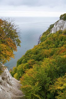 View of chalk cliffs and Baltic Sea, trees with autumn leaves, Jasmund National Park, Sassnitz,