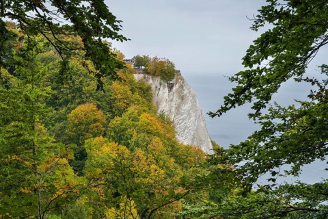 Victoria view of Königsstuhl, chalk cliffs and Baltic Sea, trees with autumn colors, Jasmund