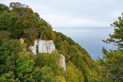 View of chalk cliffs and Baltic Sea, trees with autumn leaves, Jasmund National Park, Sassnitz,
