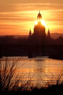 View of Church of Our Lady Dresden across the Elbe, sunset, winter, Saxony, Germany