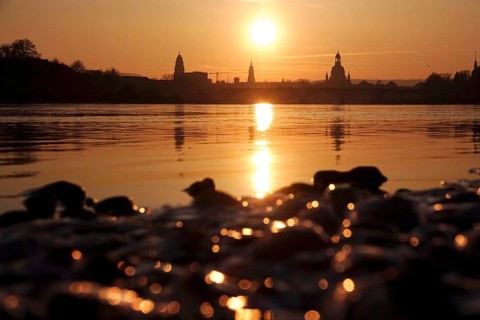 View of Church of Our Lady Dresden across the Elbe, sunset, winter, Saxony, Germany