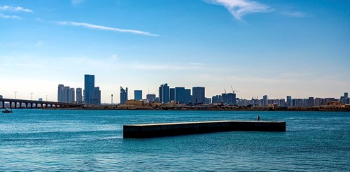 View of the skyline of Abu Dhabi from Louvre Abu Dhabi, Abu Dhabi, UAE, United Arab Emirates