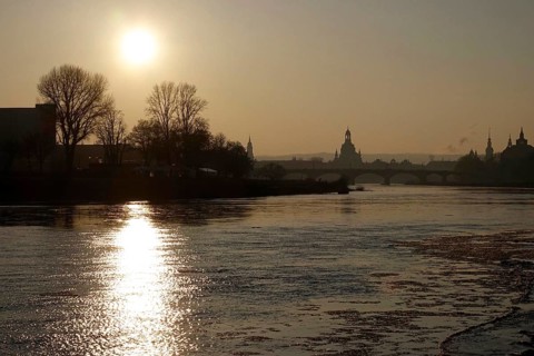 View of Church of Our Lady Dresden from the banks of the Elbe, winter evening, Saxony, Germany