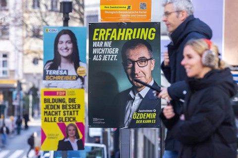 2026 state election in Baden-Württemberg. Election advertising in the city center of Stuttgart.