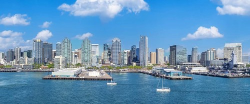 USA, Scenic San Diego downtown financial district city skyline and skyscrapers