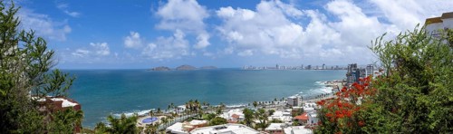 Panoramic view of scenic Mazatlan sea promenade and waterfront El Malecon with ocean lookouts,