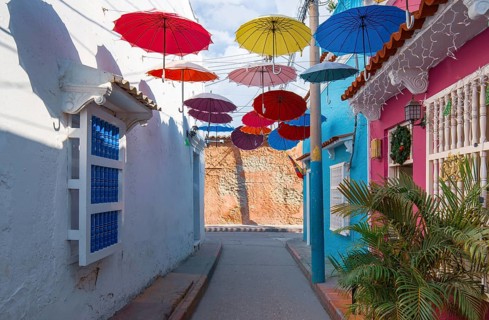 Colorful streets of Cartagena in historic Getsemani district near Walled City, Ciudad Amurallada