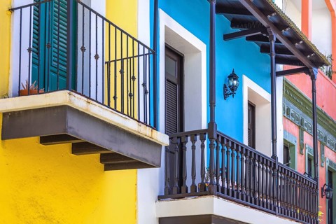 Puerto Rico, San Juan colorful colonial architecture in historic city center