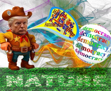 Symbolic image, Trump as world sheriff, determines the world and USA, Chasos king, climate change