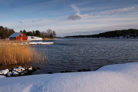 Boathouse, snowy archipelago landscape, sea, Korpoström, Korpo or Korppo, southwestern archipelago,
