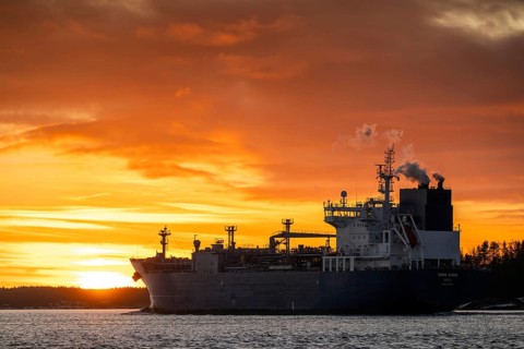 Tanker Yara Kara with home port Oslo, Norway at sunset, archipelago, southwest coast, Finland