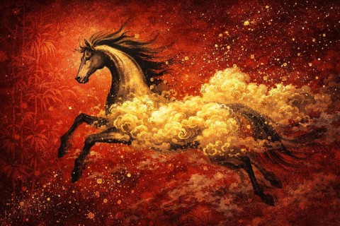 A vibrant illustration of a fiery red horse racing through a traditional Chinese landscape,