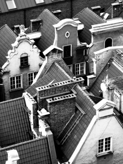 Detailed view of historic roofs and facades of old buildings, Danzig, Poland