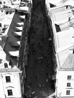 Aerial view of busy street between tall buildings in sunny atmosphere, black and white, Krakow,