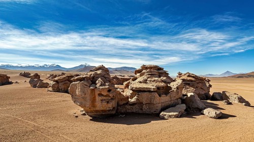 Impressive rock formations in a sandy desert landscape under clear skies, The landscape of the