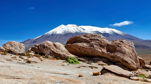 Rocks in desert area with a snow-covered mountain in the background under bright blue sky, The