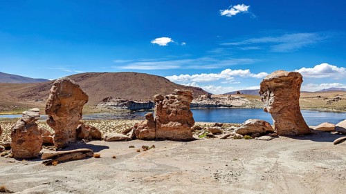 Clear water surrounded by rocks under a sunny, cloudless sky, The Altiplano landscape in Bolivia