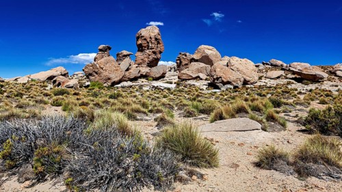 Dry landscape with tall grass and impressive rock formation under a cloudless sky, The landscape of