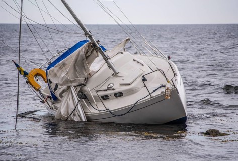 Wrecked sailboat on the coast of Ystad, Skåne County, Baltic Sea, Sweden, Scandinavia