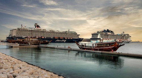 Cruise ships anchored at the cruise terminal in Doha, United Arab Emirates, Western Asia