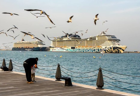 Mina District across from the cruise terminal, locals and tourists feed the seagulls, Doha, United