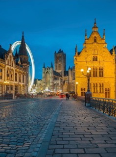 Ghent, Belgium, Flanders. The Cathedral and Historical Town from a bridge. UNESCO