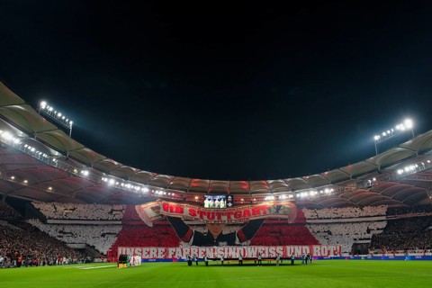 Choreo, choreography, fan action VfB Stuttgart, Cannstatter Kurve, OUR COLORS ARE WHITE AND RED