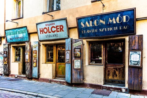 Shop fronts on Szeroka Street, signs bearing Polish and Jewish names, Kazimierz, a historically