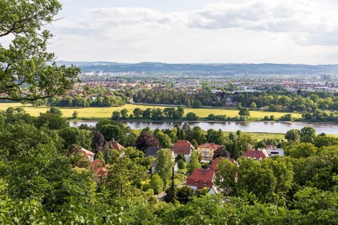 View of the Elbe and Dresden, Royal Vineyard Wachwitz, Dresden, Saxony, Germany
