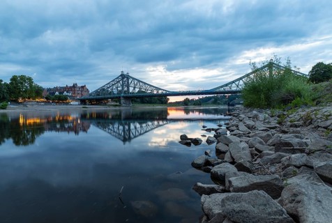 Blue Wonder bridge over the Elbe at sunset, Loschwitz, Dresden, Saxony, Germany